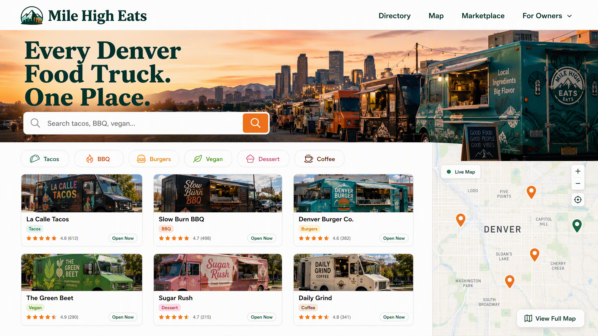 Mile High Eats homepage mockup — search, cuisine filters, truck cards, live map