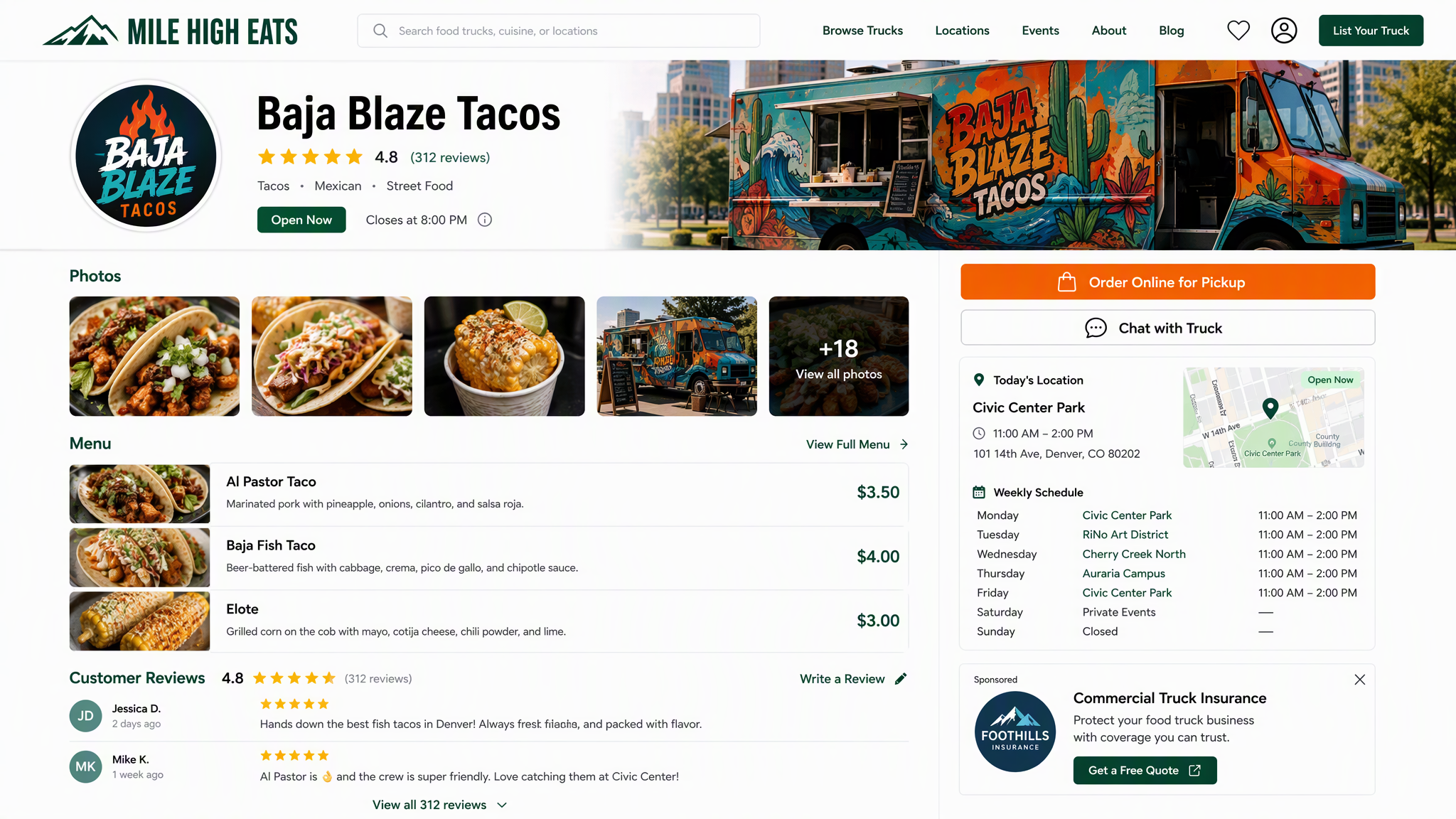 Vendor profile page mockup — menu, order-ahead, chat, location, reviews